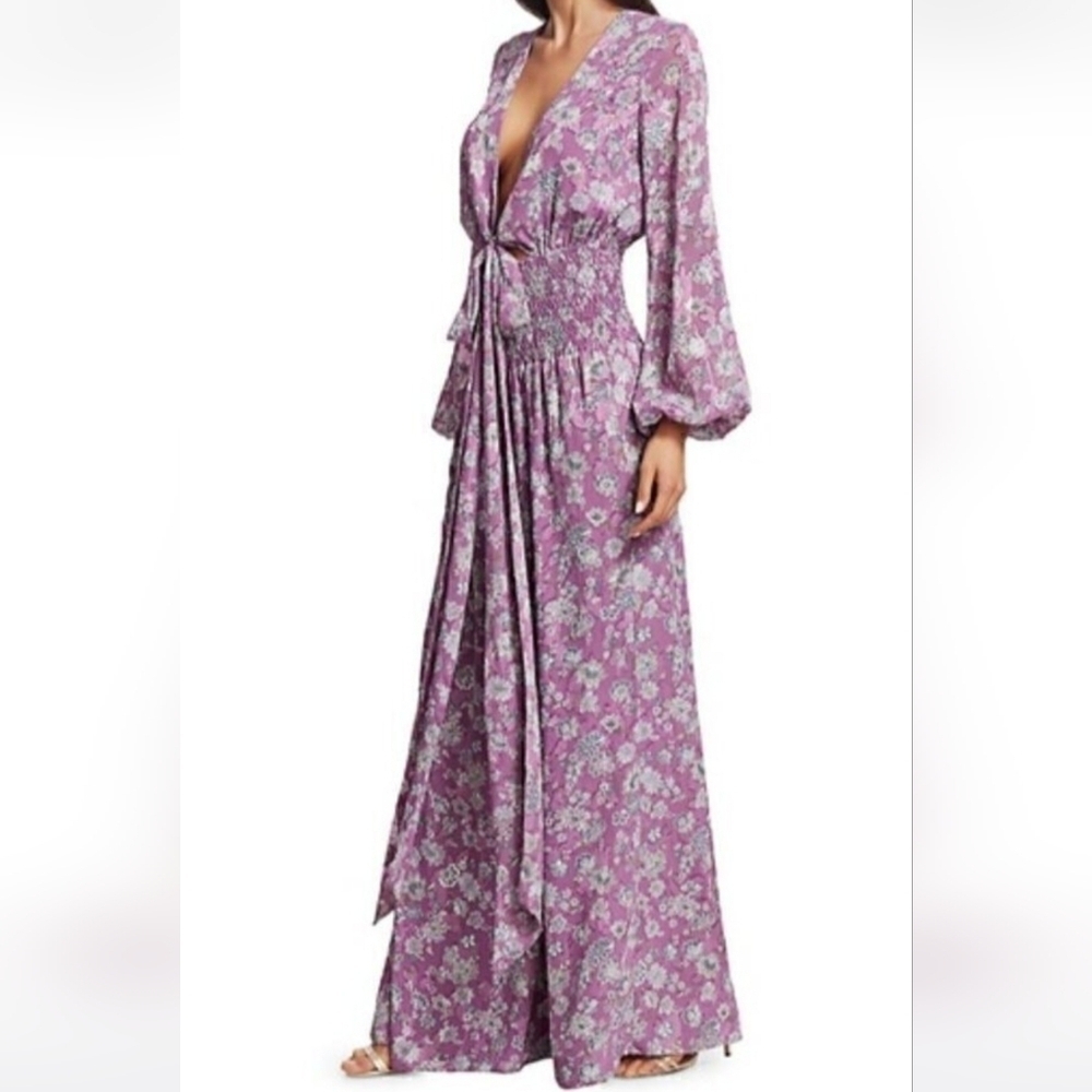 EUC ALEXIS Shanice Lavender Floral Boho Plunge Cutout Tie Waist Wrap Jumpsuit, S